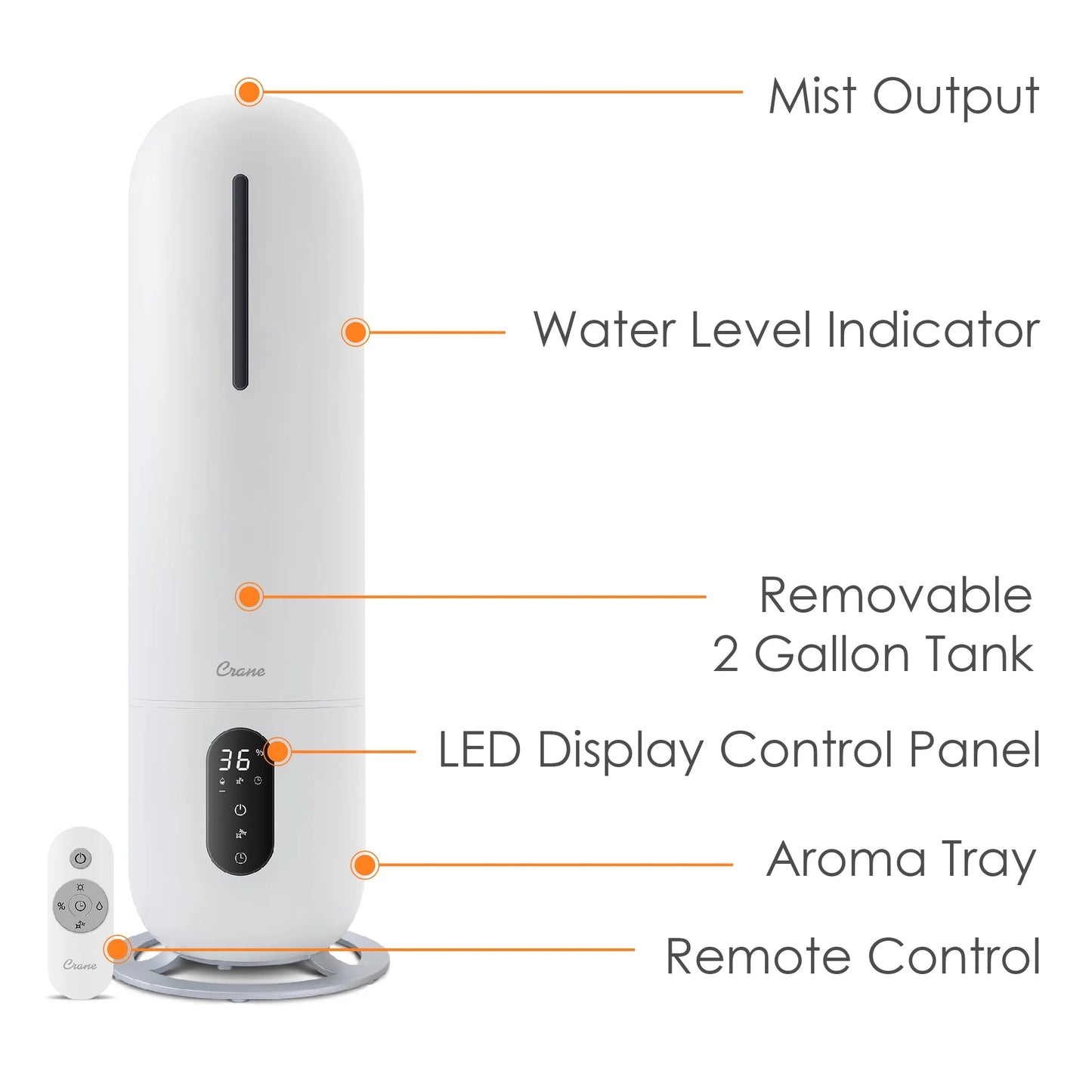 Crane USA Cool Mist Tower Top Fill Humidifier with Remote, 2 Gallons, 500 Sq. Ft Coverage, UV Ionizing Light, White