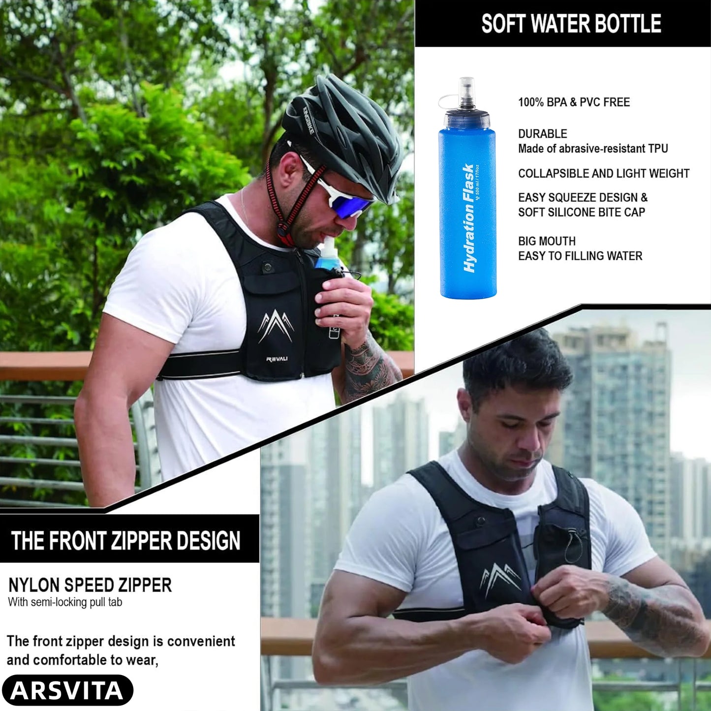 Running Vest, Zip Reflective Running Vests with 500Ml Hydration Bottle