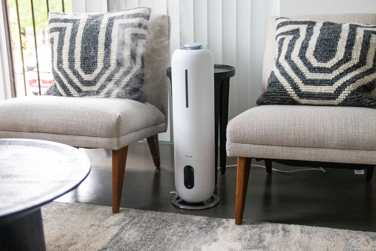 Crane USA Cool Mist Tower Top Fill Humidifier with Remote, 2 Gallons, 500 Sq. Ft Coverage, UV Ionizing Light, White