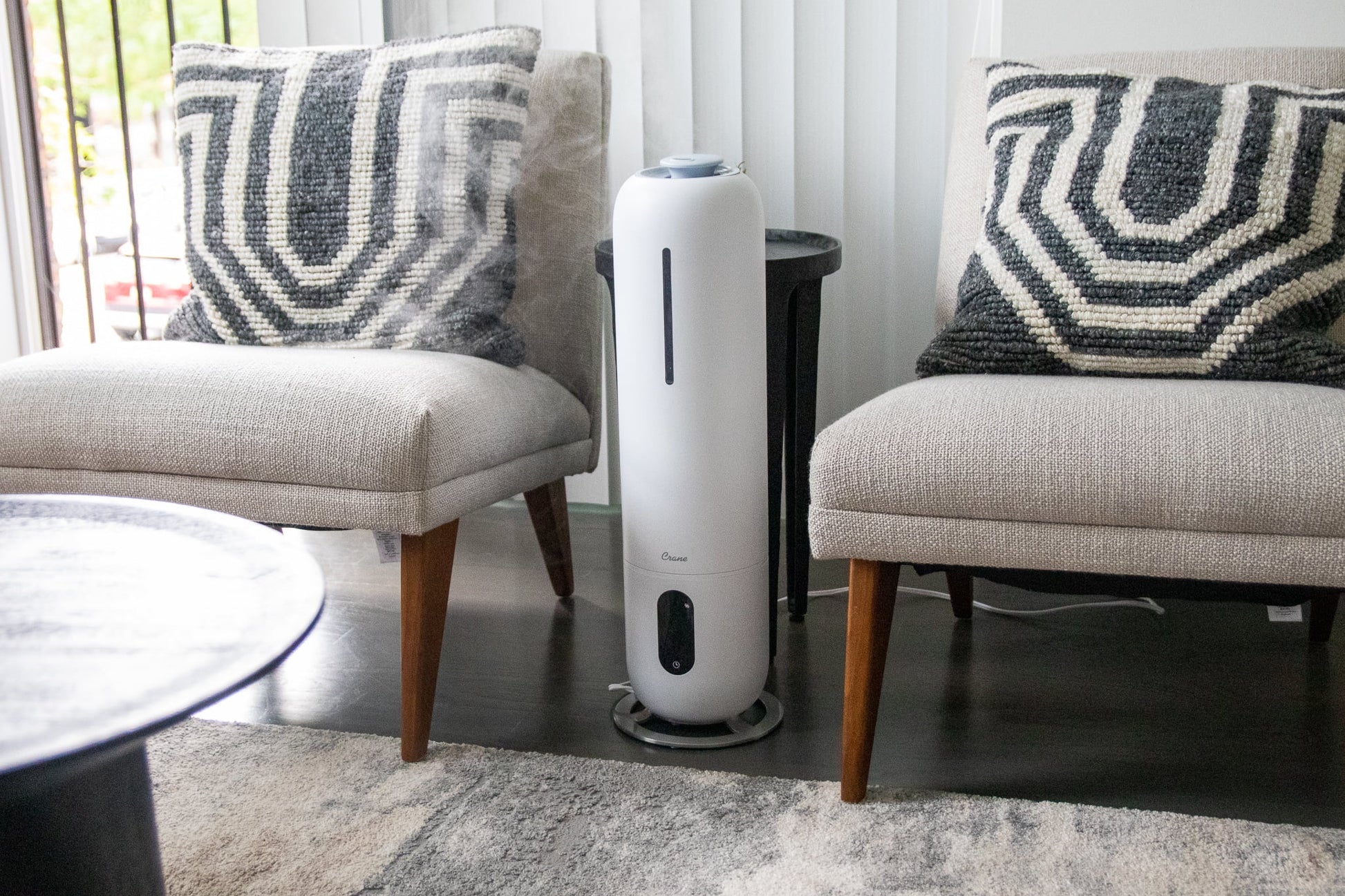 Crane USA Cool Mist Tower Top Fill Humidifier with Remote, 2 Gallons, 500 Sq. Ft Coverage, UV Ionizing Light, White