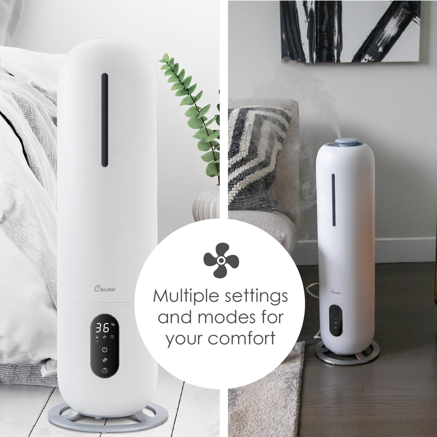 Crane USA Cool Mist Tower Top Fill Humidifier with Remote, 2 Gallons, 500 Sq. Ft Coverage, UV Ionizing Light, White