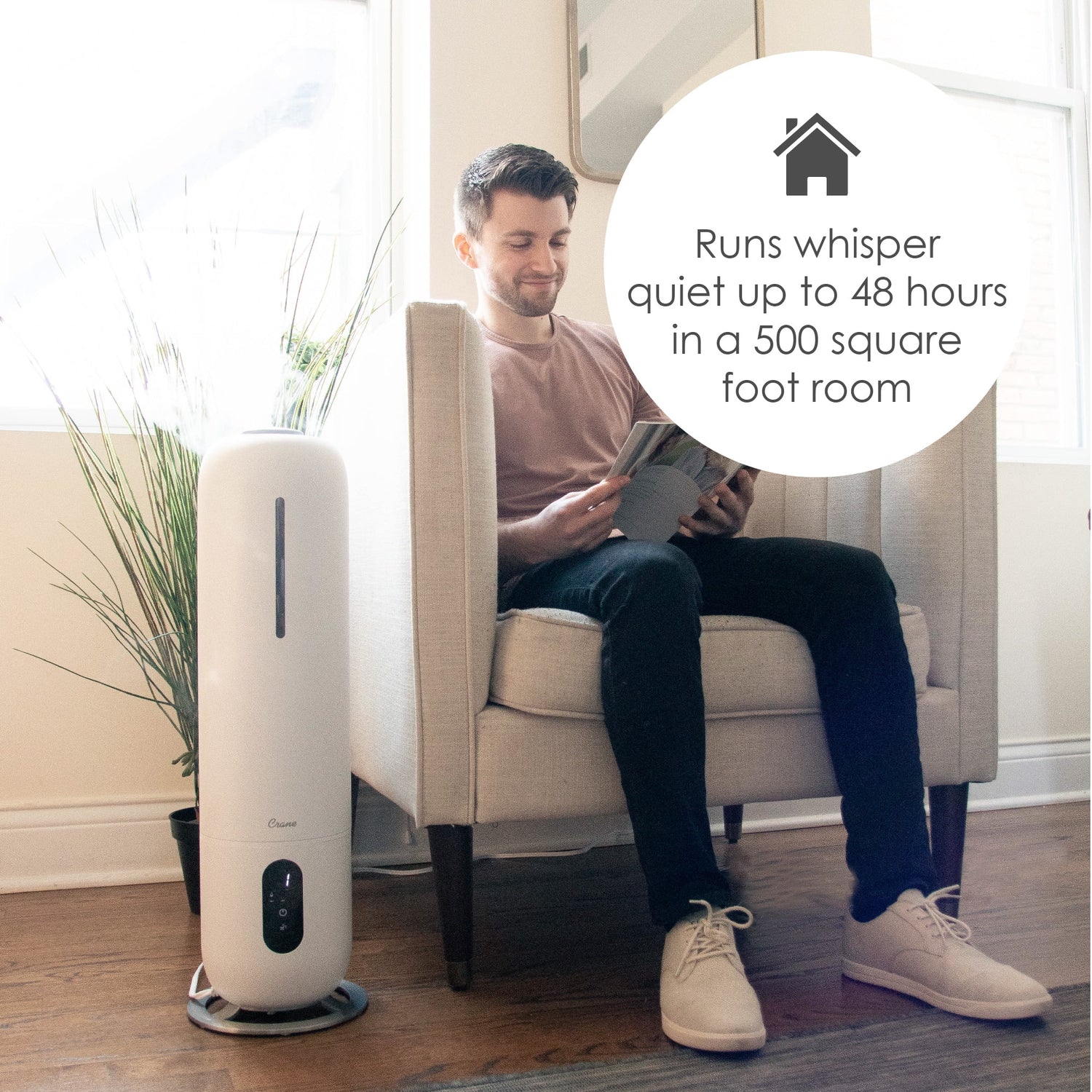 Crane USA Cool Mist Tower Top Fill Humidifier with Remote, 2 Gallons, 500 Sq. Ft Coverage, UV Ionizing Light, White