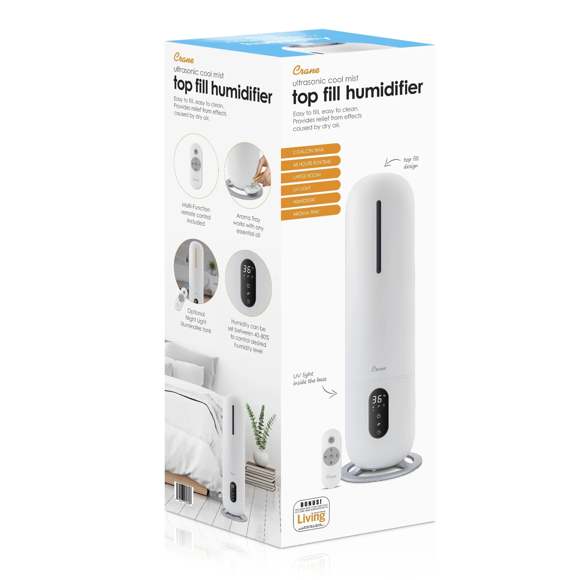 Crane USA Cool Mist Tower Top Fill Humidifier with Remote, 2 Gallons, 500 Sq. Ft Coverage, UV Ionizing Light, White